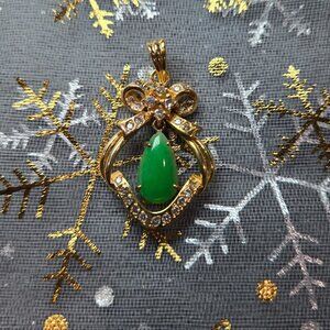 Green Jade Pendant with CZ Halo | Gold-Finish Statement Piece